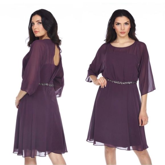 Joseph Ribkoff Amethyst Embellished Chiffon Layered A-Line Dress - Picture 1 of 13